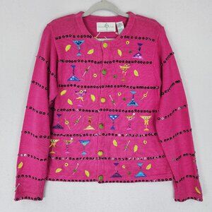 Design Options Philip Jane Gordon Sweater Womens Medium Pink Martinis Cardigan